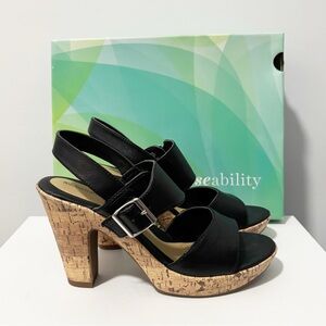 Sole Sensibility Cork Heel Sandals Womens‎ Size 7 Black Chunky Platform Strappy